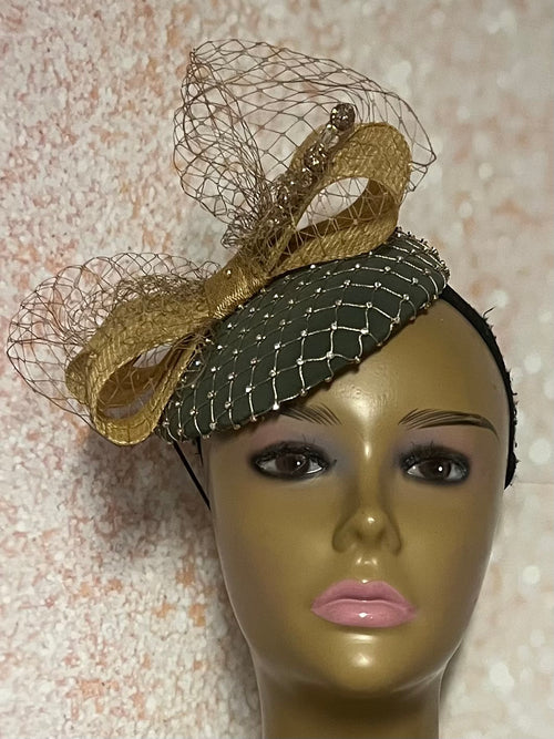 Green and Gold Satin Button Pillbox Fascinator Half Hat, Church Head Covering, Headwear, Tea Parties, Weddings, and other Special Occasions