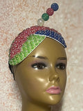 Blue Pink Green Multicolor Beaded Double Cup Fascinator, Handmade Church Headwear and Special Occasions