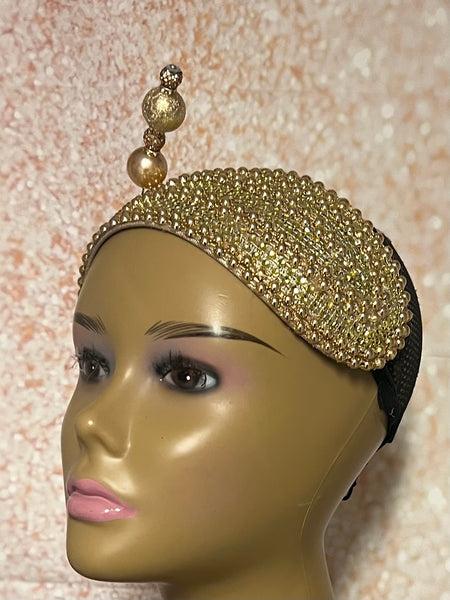 Gold Bead and Rhinestone Headband-Shaped Fascinator Half Hat for Church, Tea Parties, Weddings and other special occasions