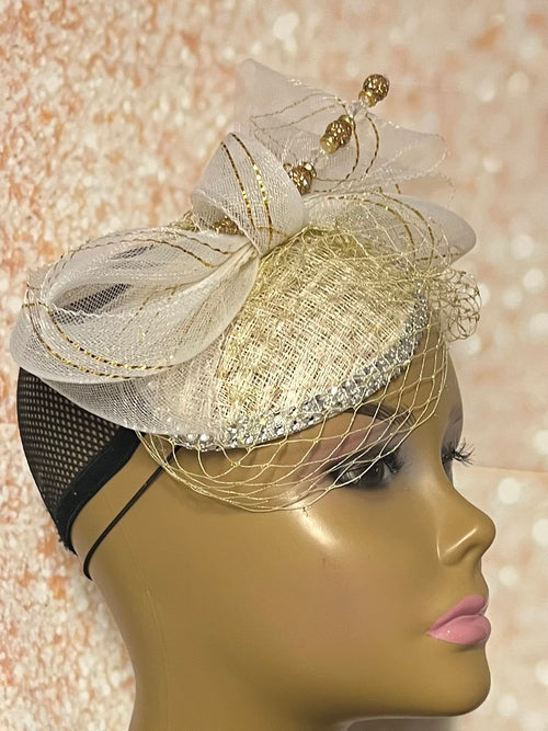 Gold and White Sinamay Rhinestone Bling Fascinator Half Hat for church, weddings, tea parties and other special occasions