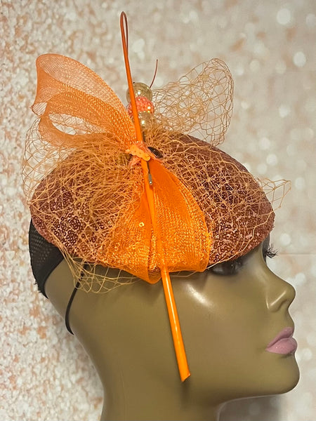 Orange Sequin Half Hat Fascinator for Church Head Covering, Wedding, Tea Party, Mother of the Bride, and Other Special Occasions