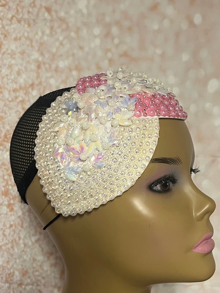 Pink and Off-White Iridescent Rhinestone Double Teardrop Beaded Fascinator