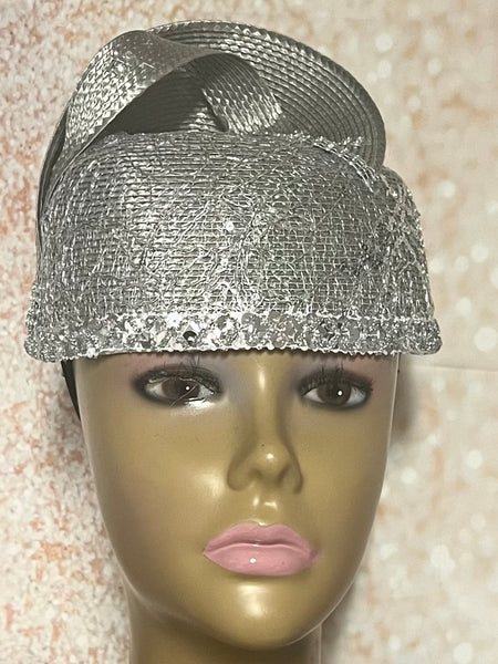 Silver Sequin Rhinestone Crystal Bling Fascinator Hat for Church Head Covering, Weddings, Tea Parties and Other Special Occasions