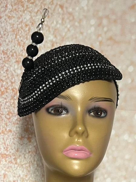 Black Small Sequin Button Fascinator Half Hat for Church Head Covering, Weddings, Tea Parties and  Other Special Occasions