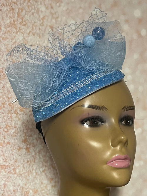 Blue Beaded Crystal Teardrop Fascinator Hat, Light Blue Wedding, church, tea party Special Occasion Headwear