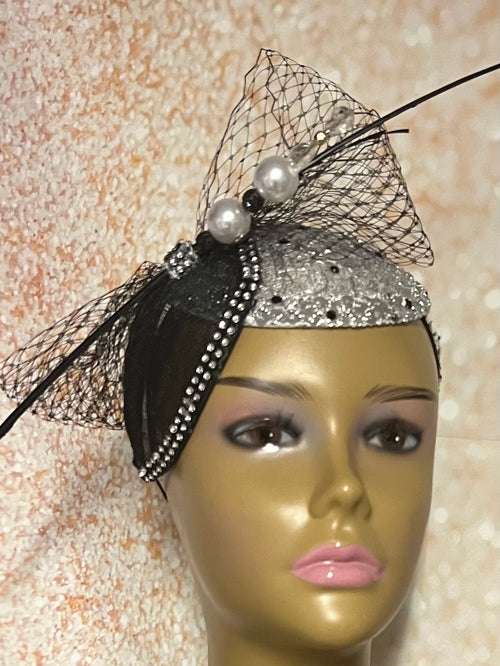 Silver Mesh and Black Sinamay Shiny Bling Fascinator Half Hat for Church, Tea Parties, Weddings and other special occasions