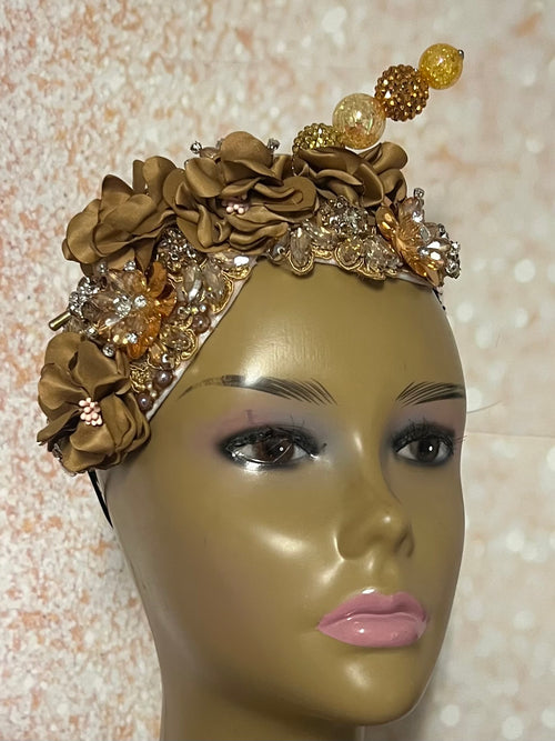 Gold and Beige/Khaki Beaded Flower Double Cup Fascinator, Church Special Occasion Half Hat