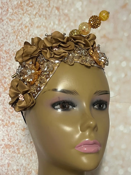 Gold and Beige/Khaki Beaded Flower Double Cup Fascinator, Church Special Occasion Half Hat