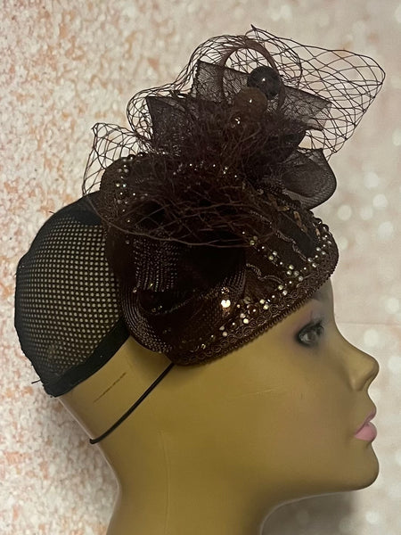 Brown Rhinestone Teardrop Fascinator, Half Hat for Church, Tea Parties and Special Occasions