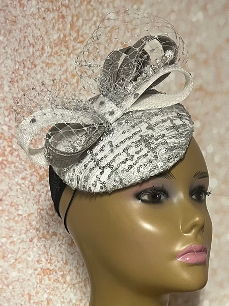 Silver and White Sequin Disc Shiny Bling Fascinator Half Hat for Church, Tea Parties, Weddings and other special occasions