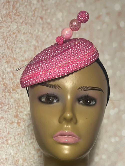 Fuchsia Pink Button Beaded Fascinator Half Hat for Church head covering, Tea Party, Wedding, and other Special Occasions