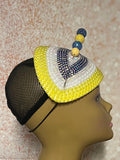 Yellow and Blue Multicolored Beaded Teardrop Fascinator Half Hat, Church Head Covering, Tea Parties, Weddings and other Special Occasions
