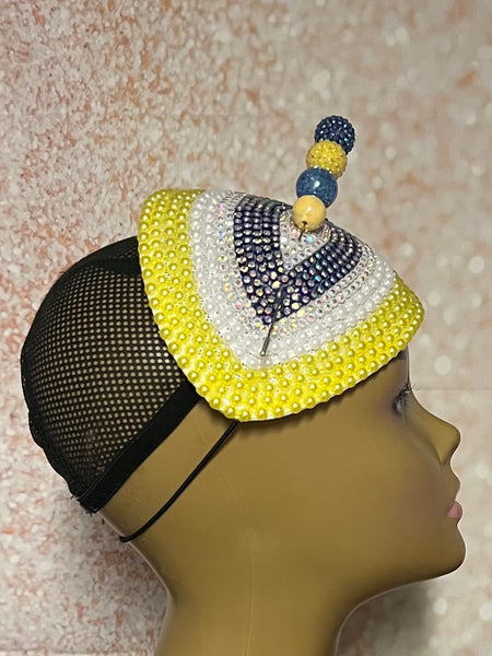 Yellow and Blue Multicolored Beaded Teardrop Fascinator Half Hat, Church Head Covering, Tea Parties, Weddings and other Special Occasions