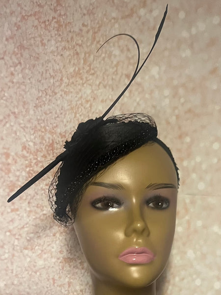 Black Beaded Satin Teardrop Fascinator Half Hat for church, weddings, and other special occasions