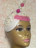 Hot Pink and Off-White Iridescent Rhinestone Double Cup Teardrop Beaded Fascinator