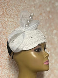 White Embroidered Lace Half Hat Fascinator for weddings, church, tea parties and special occasions