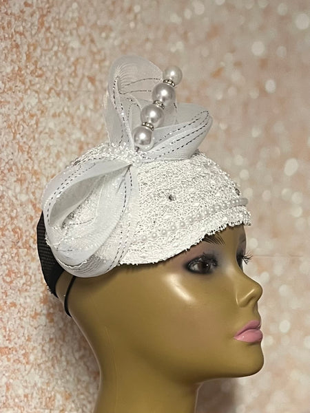 White Embroidered Lace Half Hat Fascinator for weddings, church, tea parties and special occasions