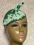 Dark Green Crystal Bead Bling Fascinator | Mint Green Teardrop Half Hat for Church