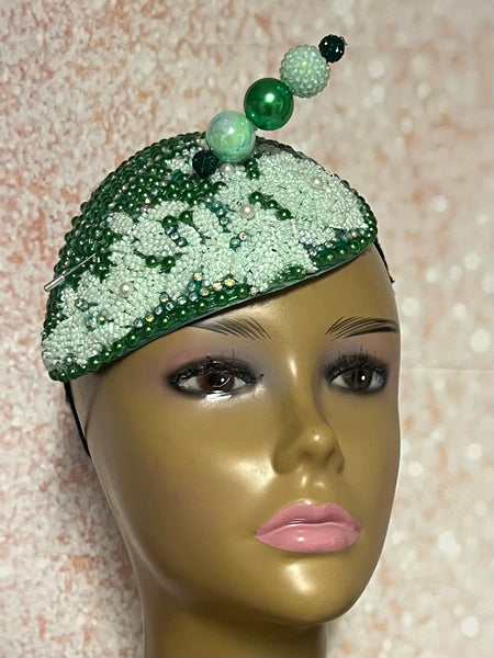 Dark Green Crystal Bead Bling Fascinator | Mint Green Teardrop Half Hat for Church