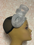 Silver Rhinestone Sequin Headband Fascinator Half Hat, Church Head Covering with Bow