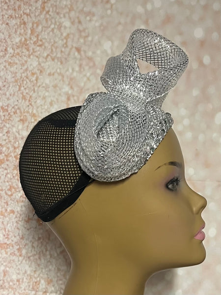Silver Rhinestone Sequin Headband Fascinator Half Hat, Church Head Covering with Bow