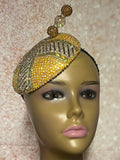 Yellow Gold Bead and Rhinestone Round Button Fascinator Half Hat for Church, Tea Parties, Weddings and other special occasions