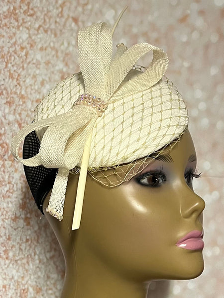 Cream Button Fascinator Half Hat for Church Head Covering, Tea Party, Wedding and Other Special Occasions