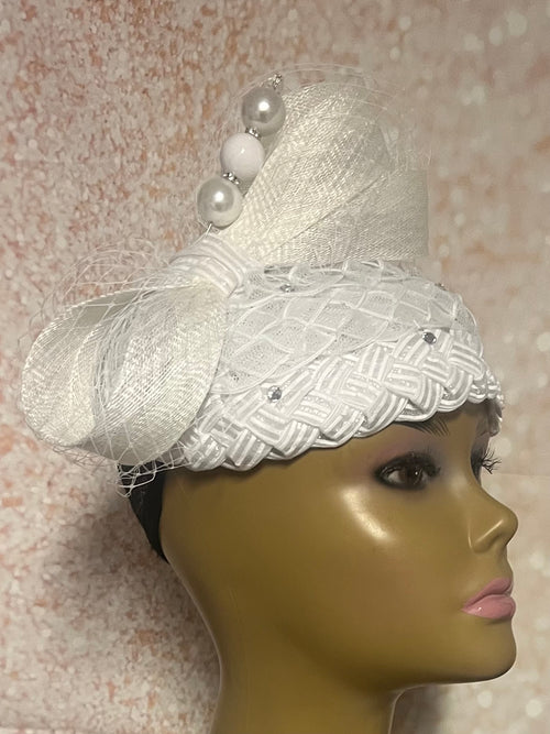 White Braided Sinamay Bow Fascinator Half Hat for Church Head Covering, Tea Parties and Other Special Occasions