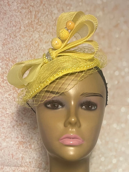 Yellow Sinamay Teardrop Fascinator: Church, Tea Party Headwear