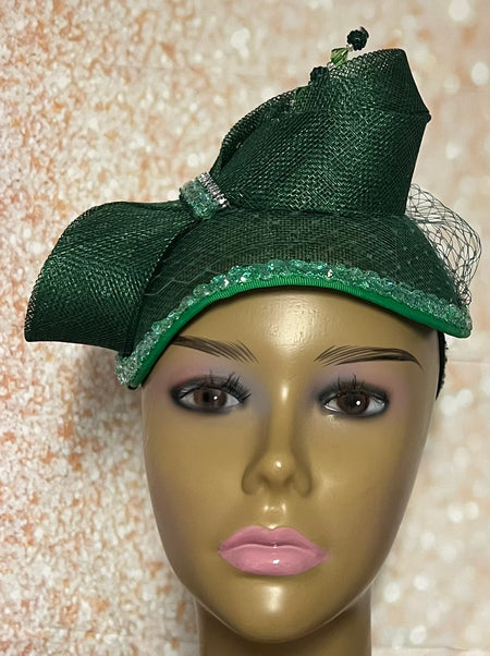 Green Satin Flower Fascinator Half Hat for Church Head Covering, Headwear, Tea Parties, Weddings and other Special Occasions