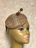 Bronze/Gold/Brown Beaded Button Fascinator Half Hat for Church, Tea Parties, Weddings and other special occasions