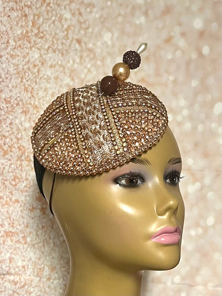 Bronze/Gold/Brown Beaded Button Fascinator Half Hat for Church, Tea Parties, Weddings and other special occasions