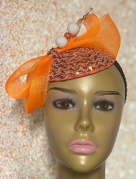 Orange Sequin Small Half Hat Fascinator for Church Head Covering, Wedding, Tea Party, Mother of the Bride, and Other Special Occasions