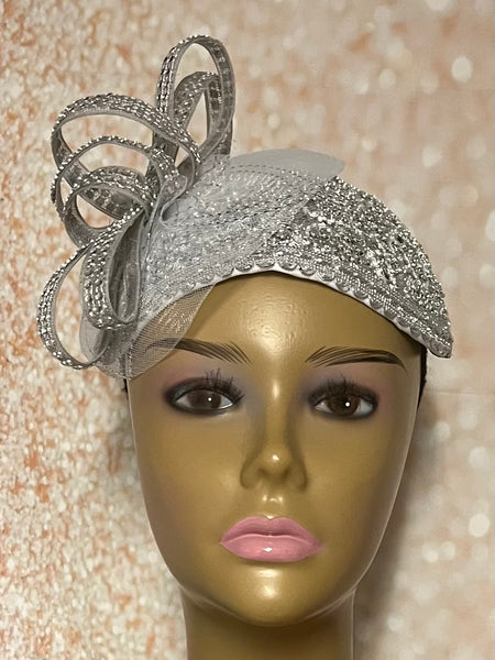Silver Sequin Rhinestone Crystal Bling Fascinator Hat for Church Head Covering, Weddings, Tea Parties and Other Special Occasions