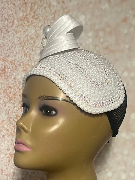 White Beaded Pearl Half Hat Fascinator with Bow for weddings, church and special occasions, Gift for Mom, Sister, Wife, Her