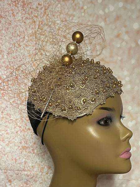 Gold Beaded Fascinator Half Hat for Church, Tea Parties, Weddings and other special occasions