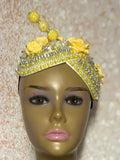 Yellow Rhinestone Beaded Flower Double Cup Fascinator, Double Teardrop Church Special Occasion Half Hat