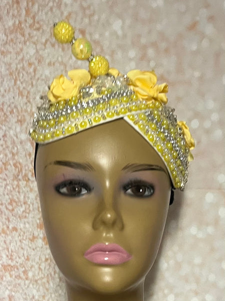 Yellow Rhinestone Beaded Flower Double Cup Fascinator, Double Teardrop Church Special Occasion Half Hat