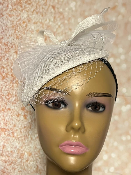 White Sinamay Bling Half Hat Fascinator for weddings, church, tea parties and special occasions