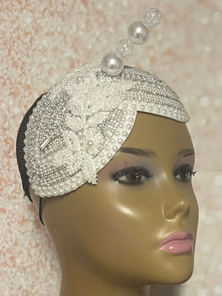 White Teardrop Double Cup Half Hat Fascinator for weddings, church, tea parties and special occasions