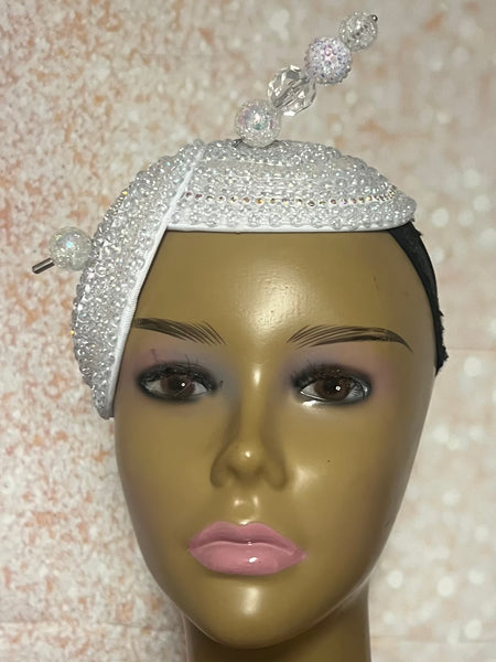 Iridescent Double Cup Beaded Rhinestone Fascinator for Church, Blue Half Hat for Tea Parties, Weddings and Special Occasions