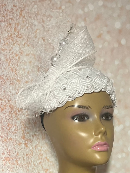 White Braided Sinamay Bow Fascinator Half Hat for Church Head Covering, Tea Parties and Other Special Occasions