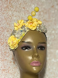 Yellow Rhinestone Beaded Flower Double Cup Fascinator, Double Teardrop Church Special Occasion Half Hat