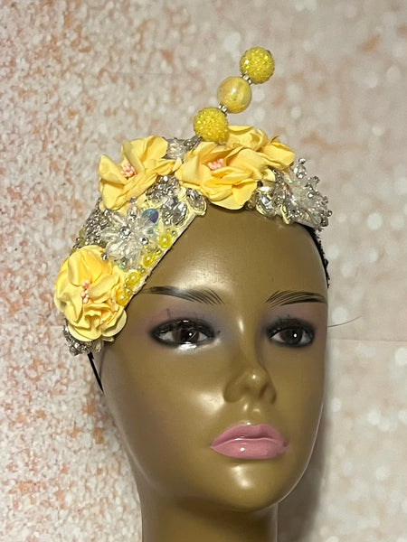 Yellow Rhinestone Beaded Flower Double Cup Fascinator, Double Teardrop Church Special Occasion Half Hat