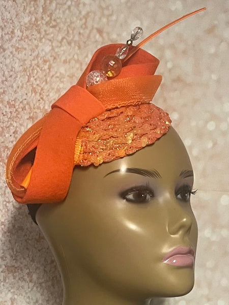 Orange Sequin Felt Small Half Hat Fascinator for Church Head Covering, Wedding, Tea Party, Mother of the Bride, and Other Special Occasions