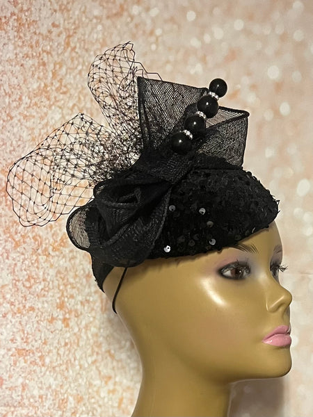 Black Sequin Circular Fascinator Half Hat for Church Head Covering, Mother of the Bride, Tea Party and other Special Occasions