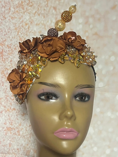 Gold and Brown Beaded Flower Fascinator, Church Special Occasion Half Hat