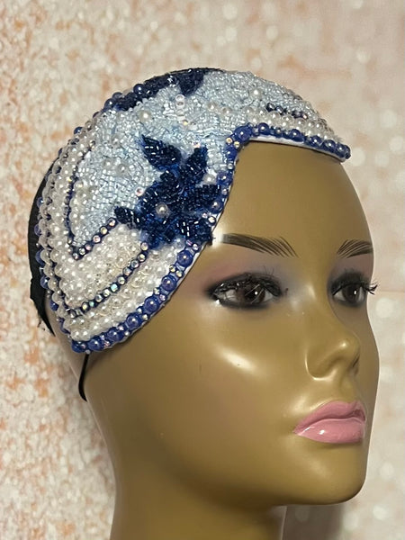 Beaded Double Teardrop Fascinator Hat, Royal Blue, Light Blue, Special Occasion Headwear