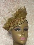 Gold Beaded Sequin Lace Teardrop Fascinator, Special Occasion Half Hat for church