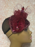 Burgundy Wine Sequin Teardrop Fascinator Half Hat for Church, Weddings, and other special occasions